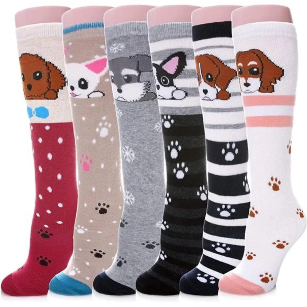 6 Pairs Kids Girls Knee High Socks Cartoon Animal Pattern Cotton Over Calf Socks